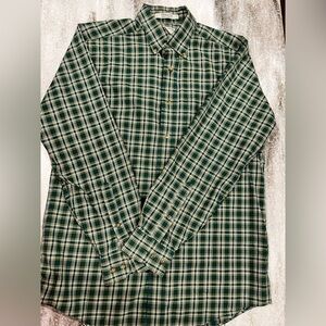 L.L. Bean Men's Forest Green and Cream Checkered Shirt